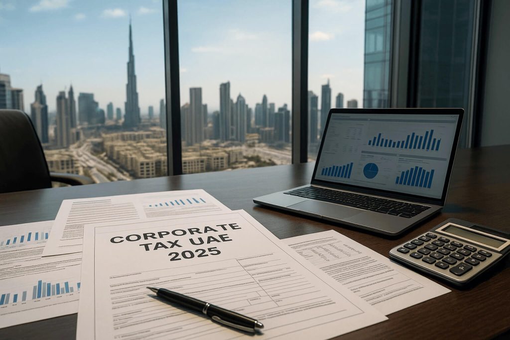 Corporate tax in the UAE 2025 — desk with tax documents and Dubai skyline