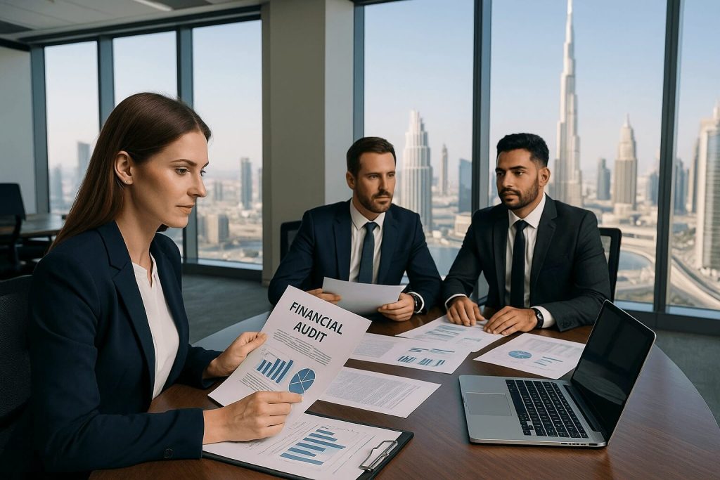 financial audit in the UAE — modern office in Dubai with audit documents